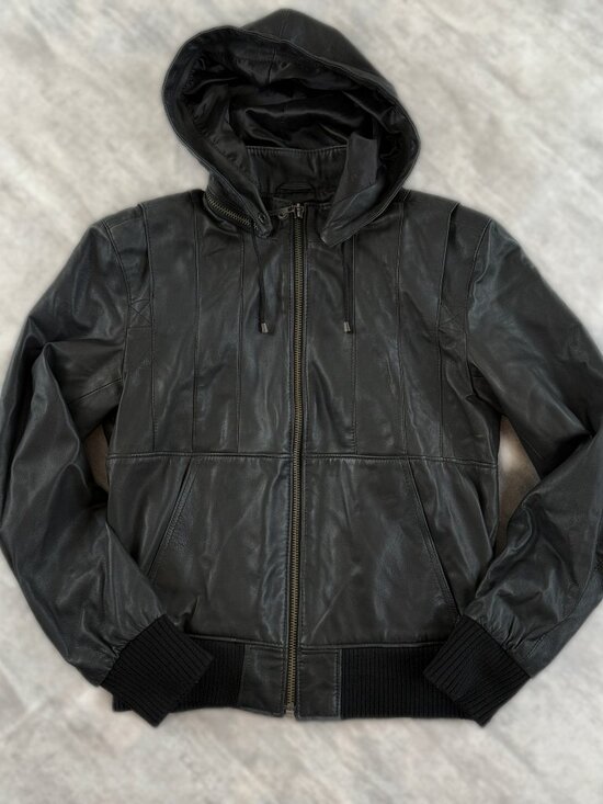 ERIK HART Other - Black Leather Hooded Bomber Jacket ERIK HART  Size S Unisex Zip Up Sz S
